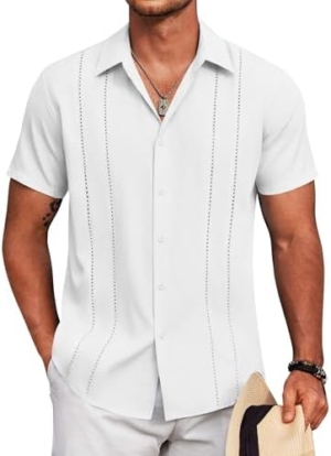 COOFANDY Men's Cuban Guayabera Shirt Short Sleeve Button Down Shirts Casual Summer Beach Linen Shirts White : Clothing, Shoes & Jewelry