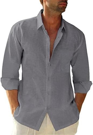 JEKAOYI Button Down Linen Shirts for Men Casual Long Sleeve Regular Fit Cotton Beach Shirts with Pocket Grey : Clothing, Shoes & Jewelry