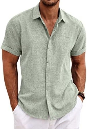 COOFANDY Men's Summer Beach Cotton Linen Short Sleeve Shirt Business Work Shirts Light Green : Clothing, Shoes & Jewelry