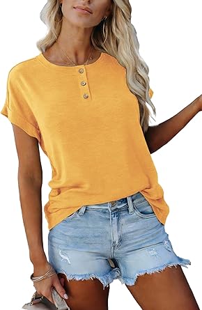 APOFER Women's Casual Short Sleeve T-Shirts Summer Basic Crew Neck Loose Fit Henley Shirts